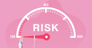 Man holding stylized risk to reward meter with risk pointing to low