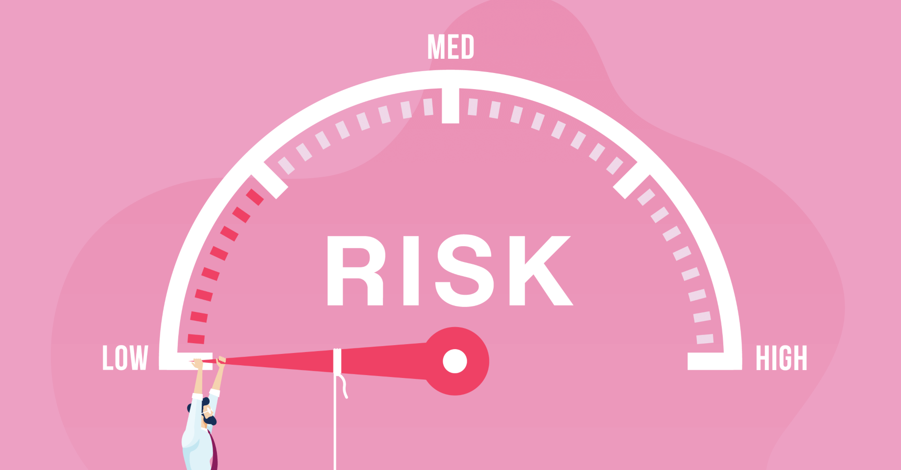 Man holding stylized risk to reward meter with risk pointing to low