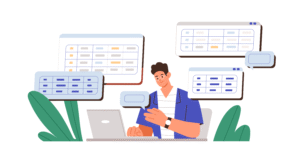 Illustration of man working on a computer dealing with data