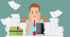 man balancing several draw requests at his desk