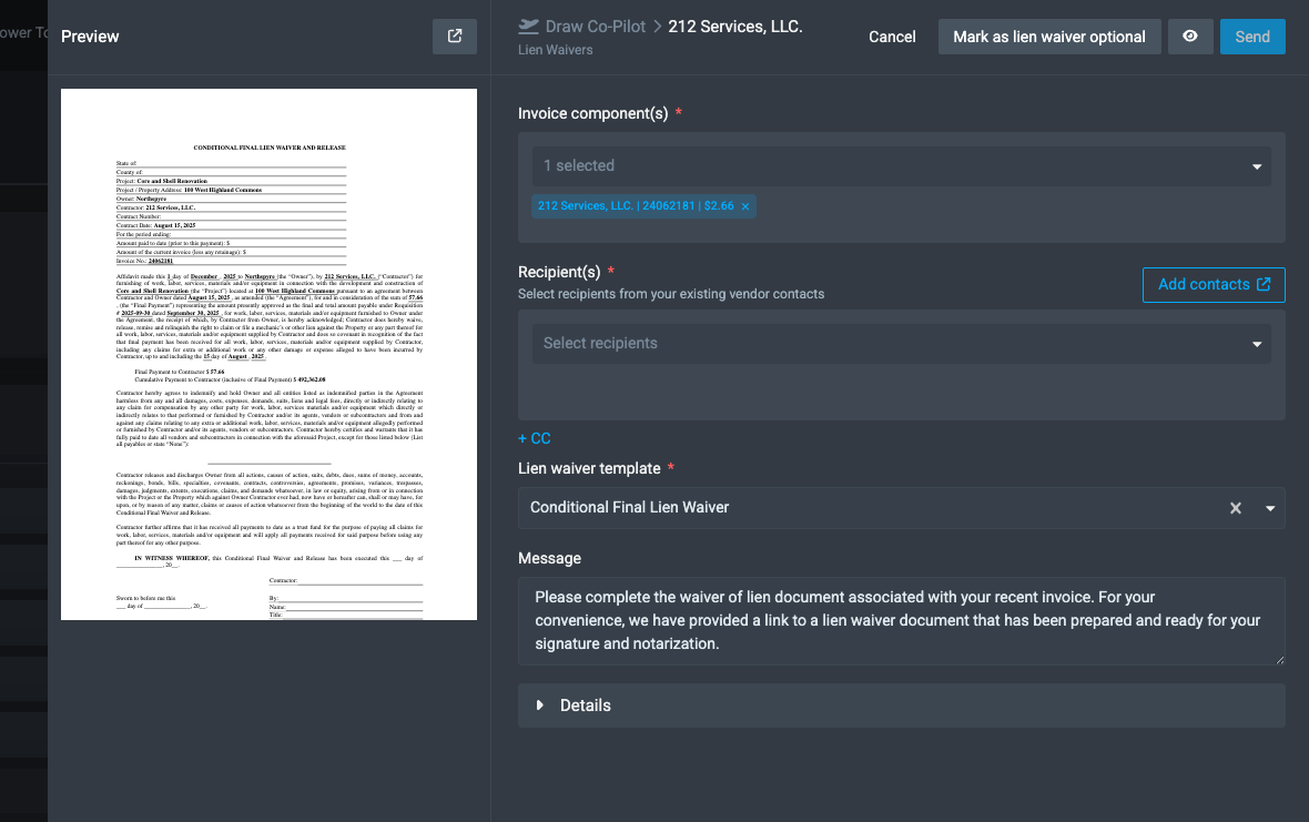 Engage vendors quickly with pre-filled COI & lien waiver workflows
